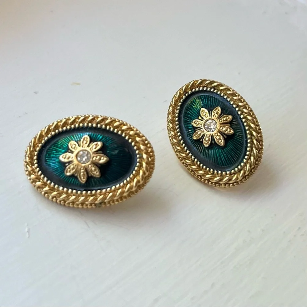 Vintage Teal Oval Rhinestone Gold Flower Earrings 1” - Picture 1 of 4